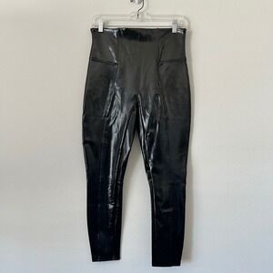 SPANX Faux Patent Leather High Waist Leggings Black Glossy Vinyl Pants Petite L